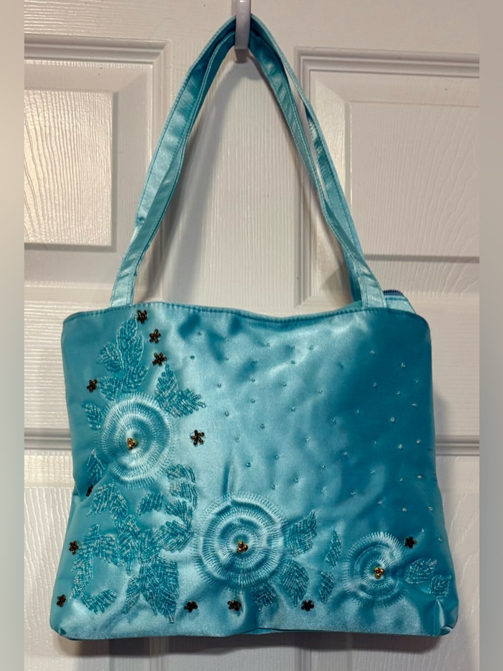 Vintage Y2K Unbranded Blue Satin Beaded Floral Handbag - Embroidered Evening Bag